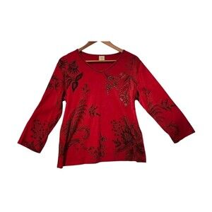 Jess & Jane Womens Top Red Floral Beaded V Neck Knit Boho Size M/L